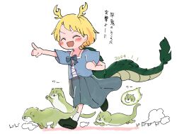 Rule 34 | 1girl, antlers, blonde hair, blue shirt, dragon girl, dragon horns, dragon tail, highres, horns, kicchou yachie, open mouth, otter, otter spirit (touhou), rome35793562, shirt, short hair, smile, square neckline, tail, touhou, turtle shell, yellow horns