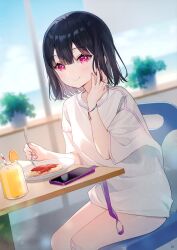 Rule 34 | 1girl, absurdres, ancotaku, bandaid, bandaid on leg, black hair, blue sky, blurry, blurry background, bracelet, cellphone, chair, closed mouth, cloud, cloudy sky, cup, day, drinking straw, fingernails, flower pot, food, fork, fruit, hand up, highres, holding, jewelry, juice, lips, looking at viewer, medium hair, orange (fruit), orange juice, orange slice, original, page number, pasta, phone, plant, plate, purple eyes, scan, shirt, short sleeves, sitting, sky, solo, spaghetti, t-shirt, table, thighs