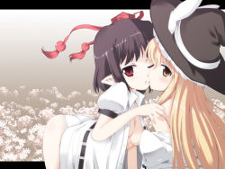 Rule 34 | 2girls, ass, bad id, bad pixiv id, bare shoulders, blonde hair, braid, brown hair, dress shirt, female focus, floral background, fujy, hat, imminent kiss, kirisame marisa, letterboxed, long hair, multiple girls, no bra, no pants, off shoulder, one eye closed, open clothes, open shirt, panties, pointy ears, red eyes, shameimaru aya, shirt, short hair, tokin hat, tongue, touhou, underwear, white panties, wink, witch hat, yellow eyes, yuri