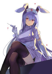 Rule 34 | 1girl, alternate costume, arm support, black thighhighs, breasts, commentary request, crossed legs, dress, elbow gloves, falken (yutozin), feet out of frame, gloves, hair between eyes, hand up, hat, head tilt, highres, holding, holding syringe, large breasts, long hair, looking at viewer, nurse, nurse cap, parted lips, purple dress, purple hair, red eyes, reisen udongein inaba, short dress, simple background, sitting, solo, syringe, thighhighs, thighs, touhou, very long hair, white background, wrist cuffs