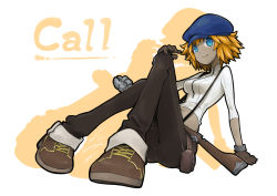 Rule 34 | 1girl, black pants, blonde hair, blue eyes, blue hat, brown footwear, brown gloves, cabbie hat, call (red ash), character name, closed mouth, colored skin, crop top, full body, gloves, grey skin, gun, hat, highres, io naomichi, leaning, leaning back, long sleeves, navel, pants, platform footwear, pouch, red ash, rifle, shirt, shoes, short hair, silhouette, sitting, smile, solo, stomach, suspenders, turtleneck, weapon, white shirt