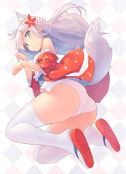 Rule 34 | 1girl, animal ears, ass, bare shoulders, blue eyes, blue sash, blush, commentary request, diamond (shape), floral print, flower, fox ears, fox tail, from side, full body, hair flower, hair ornament, highres, japanese clothes, jumping, kekemotsu, kimono, long hair, looking at viewer, obi, off shoulder, one-piece swimsuit, original, paw pose, print kimono, red flower, red footwear, red kimono, sandals, sash, school swimsuit, solo, swimsuit, swimsuit under clothes, tail, thighhighs, white hair, white one-piece swimsuit, white thighhighs, wide sleeves