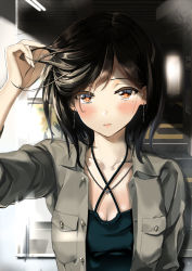 Rule 34 | 1girl, arm up, blush, breasts, brown eyes, casual, cleavage, closed mouth, criss-cross halter, day, halterneck, hand in own hair, jacket, kinugasa yuuichi, lips, looking at viewer, mole, mole under eye, open clothes, open jacket, original, outdoors, parking garage, ruffling hair, short hair, solo, upper body