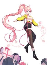 Rule 34 | 1girl, absurdly long hair, absurdres, belt, black footwear, black shorts, blcackup, blue eyes, breasts, brown legwear, facial mark, full body, gift, hair ribbon, highres, impossible clothes, long hair, long sleeves, looking at viewer, medium breasts, pink hair, pink ribbon, ponytail, ribbon, shorts, simple background, snowflakes, solo, standing, star (symbol), twisted torso, uni (vocaloid), very long hair, vocaloid, white background