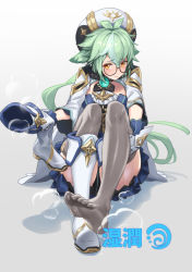 Rule 34 | 1girl, anemo (genshin impact), animal ears, antenna hair, beret, blue hair, blush, boots, cat ears, center opening, chinese text, cleavage cutout, clothing cutout, cuboon, embarrassed, feet, frilled shorts, frills, gameplay mechanics, genshin impact, glasses, gold trim, gradient background, green hair, grey thighhighs, hair between eyes, hat, hydro (genshin impact), long hair, looking at viewer, multicolored hair, orange eyes, ponytail, round eyewear, semi-rimless eyewear, shoes, short hair, shorts, shrug (clothing), simple background, sitting, soles, solo, steam, streaked hair, sucrose (genshin impact), thighhighs, unworn boot, unworn boots, unworn shoes, vision (genshin impact), white background, white footwear, white hat