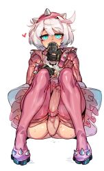 Rule 34 | 1futa, ahoge, aqua eyes, ass, black gloves, blush, bracelet, cock ring, collar, doppel (bonnypir), dress, elphelt valentine, erection, fingerless gloves, foreskin, frilled dress, frills, futanari, gloves, gluteal fold, guilty gear, guilty gear strive, hairband, heart, highres, holding, holding microphone, huge ahoge, huge ass, jacket, jewelry, jitome, large penis, large testicles, looking at viewer, microphone, newhalf, penis, penis piercing, phimosis, piercing, pink dress, pink footwear, pink hairband, pink jacket, precum, sex toy, short hair, simple background, sitting, skirt, solo, spiked bracelet, spiked cock ring, spiked collar, spiked hairband, spikes, sweat, testicles, thick thighs, thighs, two-tone dress, uncensored, urethra, white background, white dress, white hair