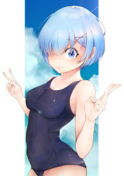 Rule 34 | 1girl, absurdres, bare arms, bare shoulders, blue eyes, blue hair, blue one-piece swimsuit, blush, breasts, cleavage, cloud, collarbone, colored eyelashes, commentary request, contrail, cowboy shot, day, double v, from side, hair ornament, hair over one eye, highres, large breasts, looking at viewer, nanase akira (ekmm4442), one-piece swimsuit, one eye covered, outdoors, outside border, re:zero kara hajimeru isekai seikatsu, rem (re:zero), ribbon, short hair, smile, solo, swimsuit, v, wide hips, x hair ornament