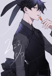 Rule 34 | 1boy, animal ears, black hair, black necktie, black shirt, chinese zodiac, formal, from side, happy new year, holding, hua (supa jopa), male focus, necktie, nengajou, new year, original, parted lips, rabbit ears, shirt, suit, upper body, vest, year of the rabbit