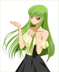 Rule 34 | 00s, 1girl, absurdres, bare shoulders, brown eyes, c.c., code geass, derivative work, dress, frills, green hair, highres, long hair, simple background, solo, vector trace, yellow eyes
