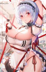 Rule 34 | 1girl, anchor choker, apron, arm above head, armpits, azur lane, bangs, black dress, black hairband, blue flower, blurry, blurry background, blush, breasts, cameltoe, candy, chocolate, chocolate heart, choker, cleavage, closed mouth, commentary, cowboy shot, crossed bangs, detached sleeves, dress, eyebrows visible through hair, flower, food, frilled choker, frills, glint, hair between eyes, hairband, heart, highleg, highleg panties, highres, holding, holding chocolate, holding food, hwansang jungdog, indoors, kitchen, lace-trimmed hairband, lace trim, large breasts, lens flare, looking at viewer, maid, morning glory, panties, red eyes, red panties, short hair, side-tie panties, sidelocks, silver hair, sirius (azur lane), skindentation, solo, standing, string panties, sugar cube, tearing up, underwear, wavy mouth, white apron