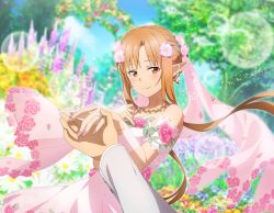 Rule 34 | 1boy, 1girl, asuna (sao), blush, brown eyes, brown hair, closed mouth, day, dress, flower, game cg, hair flower, hair ornament, holding hands, jewelry, lens flare, long sleeves, looking at viewer, nail polish, ornate ring, outdoors, pink dress, pink flower, pink nails, pointy ears, ring, short hair with long locks, sidelocks, sleeveless, sleeveless dress, smile, solo focus, sword art online, wedding dress, wedding ring