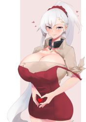 Rule 34 | 1girl, absurdres, azur lane, belfast (azur lane), belfast (piping-hot perfection) (azur lane), blue eyes, braid, breasts, brown shirt, cleavage, cleavage cutout, closed mouth, clothing cutout, collar, commentary request, cowboy shot, dress, hair ornament, hair scrunchie, heart, heart hands, highres, huge breasts, kasumi saika, long hair, looking at viewer, metal collar, red dress, red scrunchie, scrunchie, shirt, simple background, solo, strap slip, tsurime, very long hair, white hair