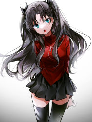 Rule 34 | 1girl, :o, aqua eyes, arms behind back, black hair, black ribbon, black skirt, black thighhighs, breasts, dot nose, fate/stay night, fate (series), gradient background, grey background, hair ribbon, highres, long hair, long sleeves, looking at viewer, miniskirt, open mouth, paran (paran b), pleated skirt, red sweater, ribbon, skirt, solo, sweater, thighhighs, tohsaka rin, two side up, zettai ryouiki