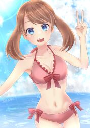 Rule 34 | 1girl, bikini, blue eyes, blue sky, breasts, brown hair, cleavage, creatures (company), game freak, highres, horizon, may (pokemon), medium breasts, nintendo, pink bikini, pokemon, pokemon (anime), pokemon ranger and the temple of the sea, pokemon rse (anime), sky, swimsuit, x napii