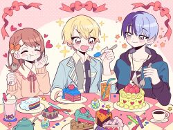 Rule 34 | 1girl, 2boys, aoyagi touya, aqua jacket, black jacket, black outline, black shirt, blazer, blonde hair, blue hair, blush stickers, bow, braid, brown hair, bubble tea, buttons, cake, cake slice, candle, candlelight, candlestand, cherry, chewing, chocolate cake, chocolate syrup, closed mouth, coaster, coffee, collarbone, collared shirt, colored tips, cup, dark blue hair, drink, drinking glass, drinking straw, eyelashes, flower, food, food on face, fork, frilled shirt collar, frills, fruit, furrowed brow, gradient hair, grey eyes, grey shirt, hair bow, half-closed eyes, hanasato minori, happy, heart, height difference, holding, holding fork, holding plate, hood, hood down, hooded jacket, ice, ice cube, jacket, jewelry, jitome, lapels, light blue hair, light blue jacket, looking at another, macaron, medium hair, mole, mole under eye, multicolored clothes, multicolored hair, multicolored jacket, multiple boys, neck ribbon, necklace, open mouth, orange bow, orange eyes, orange flower, orange hair, orange sweater, outline, pie, pie slice, pink background, pink ribbon, piyonpi, plate, polka dot, polka dot background, project sekai, rainbow cake, red ribbon, ribbon, saucer, shirt, short braid, side braid, simple background, single braid, smile, sparkle, split-color hair, spoon, sprinkles, strawberry, sugar bowl, sweater, swept bangs, table, tablecloth, teacup, tenma tsukasa, tsurime, two-tone bow, two-tone hair, two-tone jacket, two-tone shirt, whipped cream, white bow, white shirt, wide-eyed