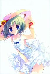 Rule 34 | 1girl, absurdres, animal ears, blue eyes, can, cat ears, coca-cola, cola, collarbone, dress, drink can, flower, green hair, greenwood, hat, hat flower, highres, midori, midori (greenwood), original, rei (rei&#039;s room), soda can, solo, sundress, sunflower, v