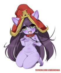 Rule 34 | animal ears, cleft of venus, collar, cum, facial, highres, league of legends, leash, lewdishsnail, lulu (league of legends), nude, paw pose, pet play, petite, simple background, tongue, tongue out, watermark, web address, white background, yordle