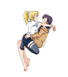 Rule 34 | arms around neck, ayase eli, barefoot, blonde hair, blush, closed eyes, love live!, love live! school idol project, ponytail, purple hair, sitting, sitting on lap, sitting on person, sos77755, sweater, thighhighs, tojo nozomi, twitter username, white background, yuri