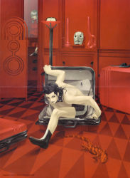 Rule 34 | 1boy, 1girl, ankle boots, artist name, black footwear, black hair, black lips, boots, collar, flexible, grey hair, hair over eyes, highres, in container, indoors, jacket, jiken, kazuma kaneko, knife, lamp, lipstick, lizard, looking at viewer, makeup, male focus, mask, unworn mask, mirror, original, pale skin, red jacket, red lips, red theme, reflection, sculpture, topless male, shorts, solo focus, spiked hair, suitcase, trunk, watermark