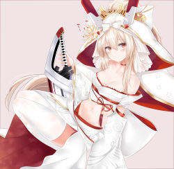 Rule 34 | 1girl, absurdres, alternate costume, alternate hairstyle, arm support, ayanami (azur lane), azur lane, bare shoulders, blonde hair, blush, breasts, chinese commentary, choker, cleavage, closed mouth, collarbone, commentary request, detached sleeves, full body, groin, hair between eyes, head tilt, headgear, heart, heart-shaped pupils, highres, holding, holding sword, holding weapon, long hair, looking at viewer, medium breasts, navel, petals, pink background, red eyes, ru zhai, seiza, sheath, short hair, sidelocks, simple background, sitting, skindentation, solo, stomach, sword, symbol-shaped pupils, thighhighs, thighs, veil, weapon, wedding kimono, white thighhighs