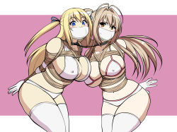 Rule 34 | 10s, 2girls, amagi brilliant park, antenna hair, arms behind back, bare shoulders, bdsm, between breasts, blonde hair, blue eyes, blush, bondage, bound, breasts, brown eyes, brown hair, cleavage, cloth gag, collar, curvy, elbow gloves, covered erect nipples, female focus, gag, gagged, gloves, hair ribbon, highres, improvised gag, jam-orbital, large breasts, leaning forward, leash, linked collar, long hair, looking at viewer, multiple girls, navel, open \m/, over the nose gag, panties, ponytail, ribbon, robe, rope, sento isuzu, shibari, standing, sylphy (amaburi), tape, tape gag, thighhighs, two side up, underwear, white gloves, white legwear, white panties, wide hips