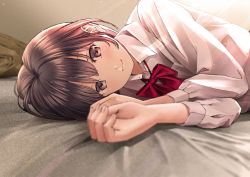 Rule 34 | 1girl, bed sheet, bow, bowtie, brown eyes, brown hair, chikuwa (odennabe), collared shirt, looking at viewer, lying, original, red bow, red bowtie, school uniform, shirt, short hair, smile, solo, upper body, white shirt