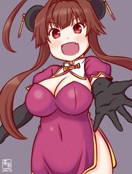 Rule 34 | 1girl, ahoge, alternate costume, alternate hairstyle, antenna hair, artist logo, black gloves, blush, breasts, brown eyes, brown hair, china dress, chinese clothes, cleavage cutout, clothing cutout, dress, elbow gloves, gloves, grey background, huge ahoge, kanon (kurogane knights), kantai collection, kuma (kancolle), large breasts, long hair, looking at viewer, one-hour drawing challenge, open mouth, pink dress, short dress, short sleeves, smile