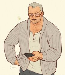 Rule 34 | 1boy, aaron gruber (o natsuo88), bara, beard stubble, cardigan, chest hair, cowboy shot, facial hair, facial scar, glasses, grey hair, hand hair, holding, holding phone, looking at phone, male focus, mature male, mustache, o natsuo88, old, old man, open cardigan, open clothes, original, phone, receding hairline, rectangular eyewear, scar, scar on cheek, scar on face, shirt, short hair, simple background, solo, stubble, thick eyebrows, thick mustache, wrinkled skin, yellow background
