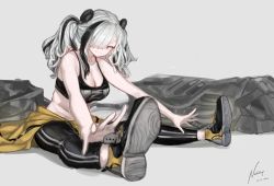 Rule 34 | 1girl, animal ears, arknights, artist name, bare arms, bare shoulders, black hair, black pants, breasts, brown eyes, cleavage, commentary, dated, feater (arknights), feater (dojo star) (arknights), grey background, hair over one eye, large breasts, leggings, long hair, looking at viewer, midriff, multicolored hair, nashidrop, official alternate costume, panda ears, pants, shoes, signature, silver hair, simple background, sitting, solo, sports bra, streaked hair, thick eyebrows, twintails