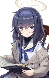 Rule 34 | 1girl, blue archive, blue eyes, blue hair, blue neckerchief, book, brown cardigan, cardigan, dark blue hair, glasses, gyzett, hair between eyes, halo, highres, holding, holding book, jewelry, long sleeves, looking at viewer, neckerchief, necklace, open mouth, round eyewear, shirt, simple background, solo, ui (blue archive), white background, white shirt