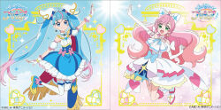 Rule 34 | 2girls, ahoge, album cover, ascot, blue cape, blue eyes, blue hair, bow, cape, cover, cure prism, cure sky, detached sleeves, dress, earrings, elbow gloves, fingerless gloves, glove bow, gloves, green eyes, hair bow, highres, hirogaru sky! precure, jewelry, magical girl, multiple girls, nijigaoka mashiro, official art, pink bow, pink hair, precure, puffy detached sleeves, puffy sleeves, single sidelock, smile, sora harewataru, swept bangs, third-party source, twintails, two-sided cape, two-sided fabric, undercut, white ascot, white dress, white gloves, wing hair ornament