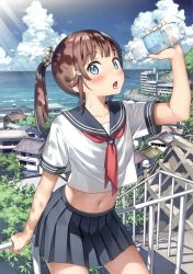 Rule 34 | 1girl, absurdres, arm up, blue eyes, blue sky, blush, bottle, breasts, brown hair, child, cowboy shot, crop top, day, hair ornament, hairclip, highres, horizon, kantoku, long hair, looking at viewer, midriff, navel, on railing, original, outdoors, pleated skirt, ponytail, railing, scan, school uniform, see-through silhouette, serafuku, sidelocks, sitting, skirt, sky, small breasts, solo, sunlight, sweat, tongue, tongue out, water bottle