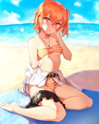 Rule 34 | 1girl, ahoge, arm support, bare shoulders, beach, bikini, black skirt, blue sky, blush, breasts, brilliant summer, chaldea uniform, cleavage, cloud, cloudy sky, collarbone, commentary request, contemporary, day, fate/grand order, fate (series), fujimaru ritsuka (female), fujimaru ritsuka (female) (brilliant summer), full body, hair between eyes, hair ornament, hair scrunchie, halterneck, head tilt, highres, jacket, kano (kanokano44), looking at viewer, medium breasts, navel, ocean, off shoulder, official alternate costume, one side up, orange bikini, orange eyes, orange hair, outdoors, scrunchie, short hair, side ponytail, skirt, skirt around one leg, sky, solo, stomach, striped, sunlight, swimsuit, towel, water, white jacket, yellow scrunchie