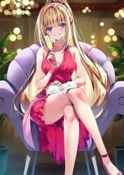 Rule 34 | 1girl, absurdres, anklet, bare legs, bare shoulders, blonde hair, blue eyes, blush, breasts, cat, cleavage, crossed legs, cup, dress, highres, holding, holding cup, jewelry, karuizawa kei, medium breasts, official art, smile, solo, youkoso jitsuryoku shijou shugi no kyoushitsu e