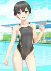 Rule 34 | 1girl, absurdres, bench, black hair, blue sky, cloud, competition swimsuit, contrapposto, cowboy shot, day, flat chest, green eyes, highres, looking at viewer, one-piece swimsuit, open mouth, original, outdoors, pool, shed, short hair, sky, smile, solo, standing, swimsuit, takafumi, teeth, translation request, upper teeth only