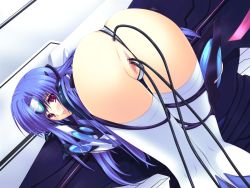 Rule 34 | 00s, 1girl, anal, anal object insertion, anus, ass, bent over, blue hair, blush, censored, clothing aside, highres, iizuki tasuku, kos-mos, kos-mos ver. 3, long hair, object insertion, open mouth, panties, panties aside, pussy, red eyes, solo, thighhighs, thong, top-down bottom-up, torn clothes, underwear, vaginal, vaginal object insertion, white panties, white thighhighs, xenosaga, xenosaga episode iii