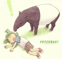 Rule 34 | child, green background, highres, koiwai yotsuba, quad tails, raglan sleeves, solo, tapir, yotsubato!