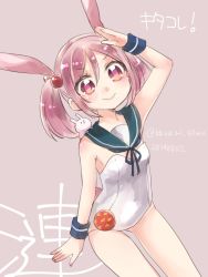 Rule 34 | 10s, 1girl, adapted costume, alternate costume, animal ears, rabbit, kantai collection, kemonomimi mode, koruri, looking at viewer, pink eyes, pink hair, rabbit ears, sazanami (kancolle), smile, solo focus, text focus, translation request, twintails