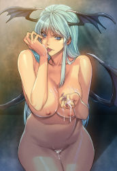 Rule 34 | 1girl, aqua hair, bat wings, blue eyes, breasts, capcom, completely nude, cum, cum on body, cum on breasts, cum on lower body, cum on upper body, cupping hand, demon girl, fingernails, green hair, head wings, highres, homare (fool&#039;s art), large breasts, legs, licking, long fingernails, long hair, looking at viewer, morrigan aensland, nail polish, naughty face, navel, nipples, nude, simple background, sitting, solo, thighs, tongue, tongue out, vampire (game), wings