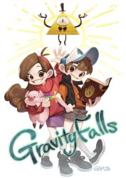 Rule 34 | 1boy, 1girl, animal, ankle socks, artist name, bill cipher, blush, book, brother and sister, brown eyes, brown hair, dipper pines, english text, gamza, gravity falls, hand on own hip, hat, headband, holding, holding animal, holding book, long hair, looking at viewer, mabel pines, pig, pyramid (structure), shirt, shoes, short hair, shorts, siblings, signature, simple background, skirt, smile, sneakers, socks, standing, t-shirt, turtleneck, vest, waddles, waving
