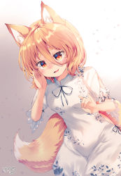Rule 34 | 1girl, absurdres, animal ear fluff, animal ears, blonde hair, breasts, commentary request, dress, eyebrows hidden by hair, fang, fox ears, fox girl, fox shadow puppet, fox tail, hair between eyes, highres, kemo chiharu, kudamaki tsukasa, looking at viewer, parted lips, puffy short sleeves, puffy sleeves, red eyes, short eyebrows, short sleeves, signature, small breasts, smile, solo, tail, thick eyebrows, touhou, white dress