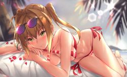 Rule 34 | 1girl, ahoge, backlighting, bare shoulders, bikini, blush, breasts, cleavage, closed mouth, collarbone, criss-cross halter, eyewear on head, fate/grand order, fate (series), green eyes, hair between eyes, hair intakes, halterneck, large breasts, long hair, looking at viewer, lying, nero claudius (fate), nero claudius (fate) (all), nero claudius (swimsuit caster) (fate), parfaitlate, red bikini, side-tie bikini bottom, smile, solo, striped bikini, striped clothes, sunglasses, sunlight, swimsuit, thighs, twintails