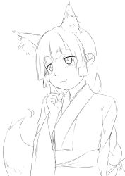 Rule 34 | :3, animal ears, blunt bangs, eyebrows, finger to cheek, fox ears, fox tail, greyscale, hand up, highres, index finger raised, japanese clothes, kimono, long hair, looking at viewer, monochrome, niwatazumi, original, sketch, slit pupils, smile, solo, tail, wide sleeves
