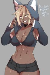 Rule 34 | 1girl, 2021, abs, agawa ryou, blonde hair, breasts, cameltoe, dark-skinned female, dark skin, dated, grey background, grin, long hair, looking at viewer, medium breasts, midriff, navel, original, short shorts, shorts, simple background, smile, solo, toned, wolf hood, yellow eyes, zipper