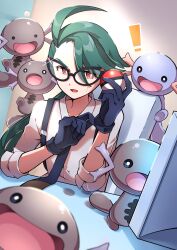 Rule 34 | !, 1girl, absurdres, adjusting clothes, adjusting gloves, ahoge, alternate color, black-framed eyewear, black gloves, black necktie, bright pupils, collared shirt, commentary request, creatures (company), game freak, glasses, gloves, green hair, highres, holding, holding poke ball, indoors, long hair, monitor, necktie, nintendo, open mouth, paldean wooper, poke ball, poke ball (basic), pokemon, pokemon (creature), pokemon sv, pon yui, ponytail, red eyes, rika (pokemon), shiny and normal, shiny pokemon, shirt, suspenders, table, tongue, white pupils