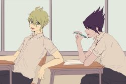 Rule 34 | 2boys, :d, alternate costume, amami rantaro, antenna hair, black pants, book, chair, classroom, collared shirt, commentary request, danganronpa (series), danganronpa v3: killing harmony, dangyu (danganpa), desk, facial hair, from side, goatee, green hair, grey shirt, hair up, hand grab, hand up, indoors, looking at another, looking at viewer, male focus, messy hair, momota kaito, multiple boys, open book, open mouth, pale skin, pants, purple hair, school chair, school desk, shirt, sitting, smile, spiked hair, sweatdrop, teeth, upper teeth only, window