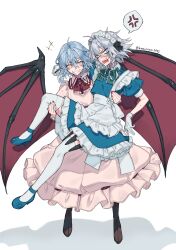 Rule 34 | +++, 2girls, \||/, absurdres, ahoge, anger vein, angry, apron, ascot, bat wings, blue footwear, blush, boots, braid, brooch, brown footwear, carrying, closed eyes, dress, eyelashes, frilled apron, frilled ascot, frilled dress, frilled ribbon, frilled shirt collar, frills, full body, gem, giggling, gloves, green ribbon, grey hair, grin, hair between eyes, hair ribbon, headdress, highres, himadera, holding, holding knife, holster, izayoi sakuya, jewelry, kneehighs, knife, knife sheath, knife sheath, light purple hair, maid, maid apron, maid headdress, mary janes, messy hair, multiple girls, neck ribbon, no headwear, open mouth, pink dress, princess carry, puffy short sleeves, puffy sleeves, red ascot, red gemstone, red nails, remilia scarlet, ribbon, sheath, shoes, short hair, short sleeves, shouting, simple background, smile, socks, spoken anger vein, standing, thigh holster, thighhighs, touhou, tress ribbon, twin braids, twitter username, white apron, white background, white gloves, white thighhighs, wings, you&#039;re doing it wrong