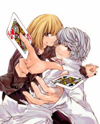 Rule 34 | 00s, 2boys, blonde hair, card, cross, death note, floating card, grin, holding, holding card, latin cross, male focus, mello (death note), multiple boys, nail polish, near (death note), red eyes, simple background, smile, white hair, yaoi