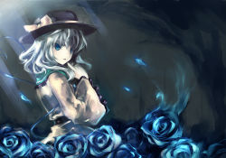 Rule 34 | 1girl, bad id, bad pixiv id, blue eyes, blue flower, blue rose, bow, female focus, finger to mouth, flower, fori, hat, komeiji koishi, looking back, rose, silver hair, solo, sunlight, touhou