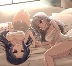 Rule 34 | 2girls, ahoge, ass, bare legs, bare shoulders, bed, bed sheet, blue hair, breasts, cleavage, collarbone, holding hands, idolmaster, idolmaster (classic), long hair, miura azusa, multiple girls, open mouth, shijou takane, silver hair, smile, upside-down, van-s, very long hair
